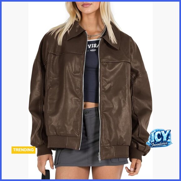 Oversized Faux Leather Bomber Jacket Moto Biker Coat Zip Up